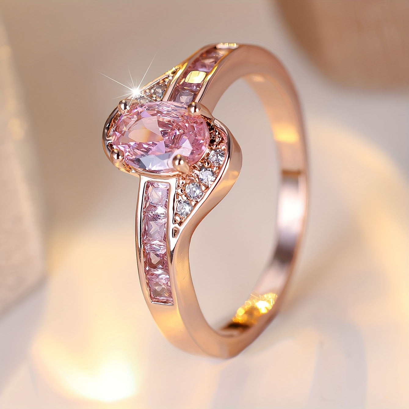 Cross-border New Arrival European And American Ladies Fashion High-end Ring Fashion Pink Crystal Diamond-studded Ring Ornament