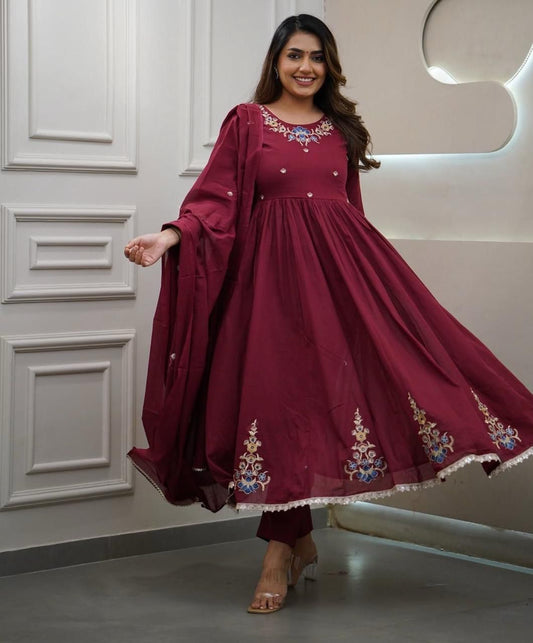 Embroidered Cotton Flaired Kurti with Pant & Dupatta