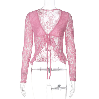 Sexy Lace See-through V-neck Cardigan Lace-up Long Sleeve Top