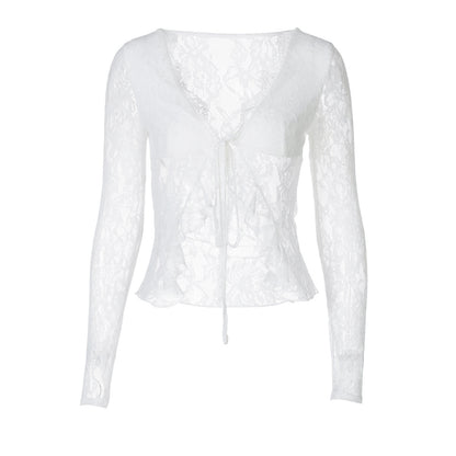 Sexy Lace See-through V-neck Cardigan Lace-up Long Sleeve Top