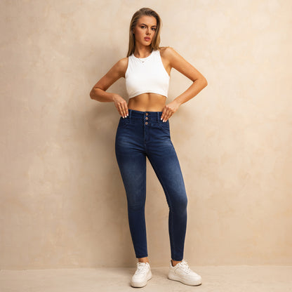 Shascullfites Melody High Waisted Zipper Pocket Jeans Button Denim Woman Pants Dark Blue Stretch Jean Lifts Buttocks