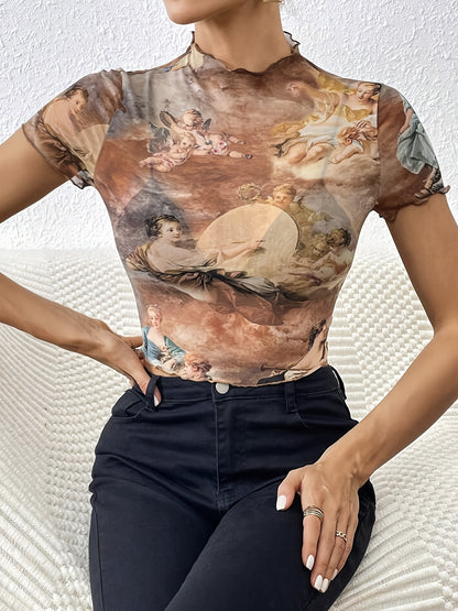 Elegant Mesh Floral Print Top Women's Clothing
