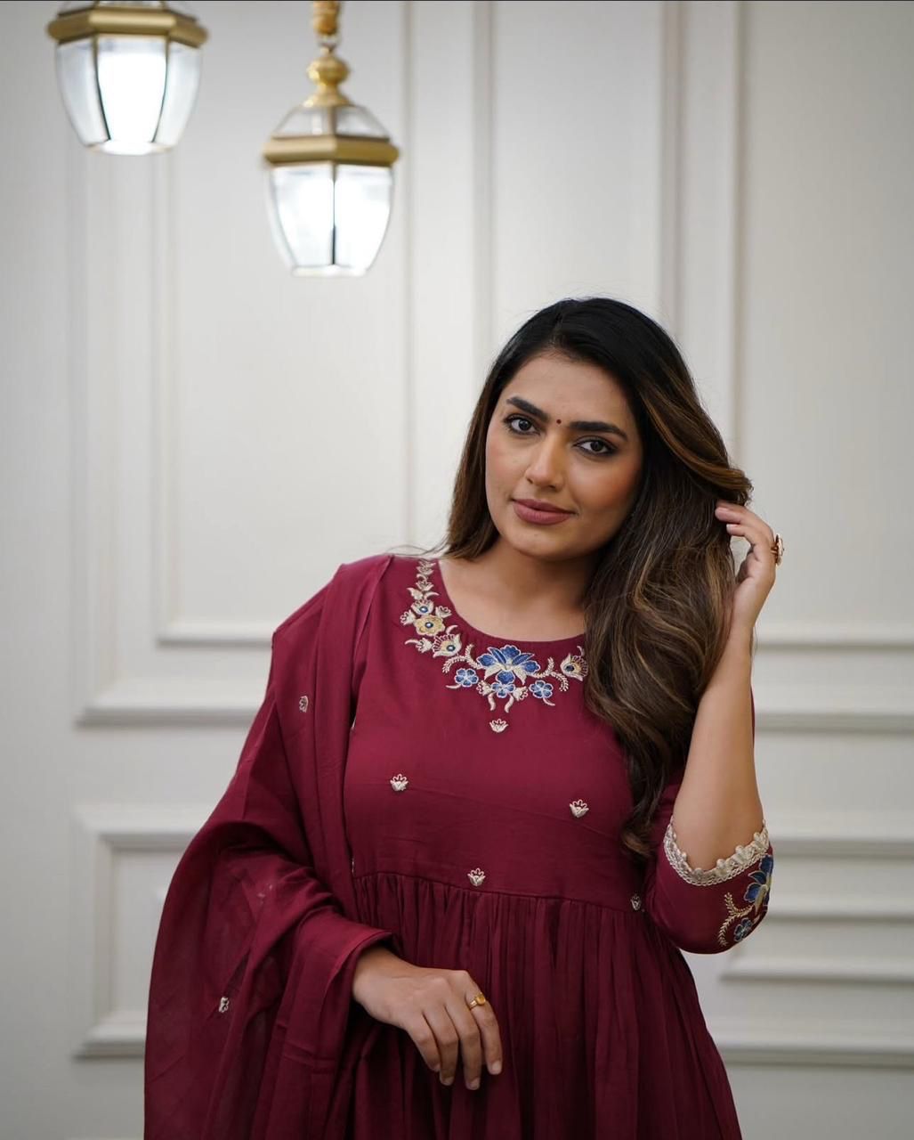 Embroidered Cotton Flaired Kurti with Pant & Dupatta