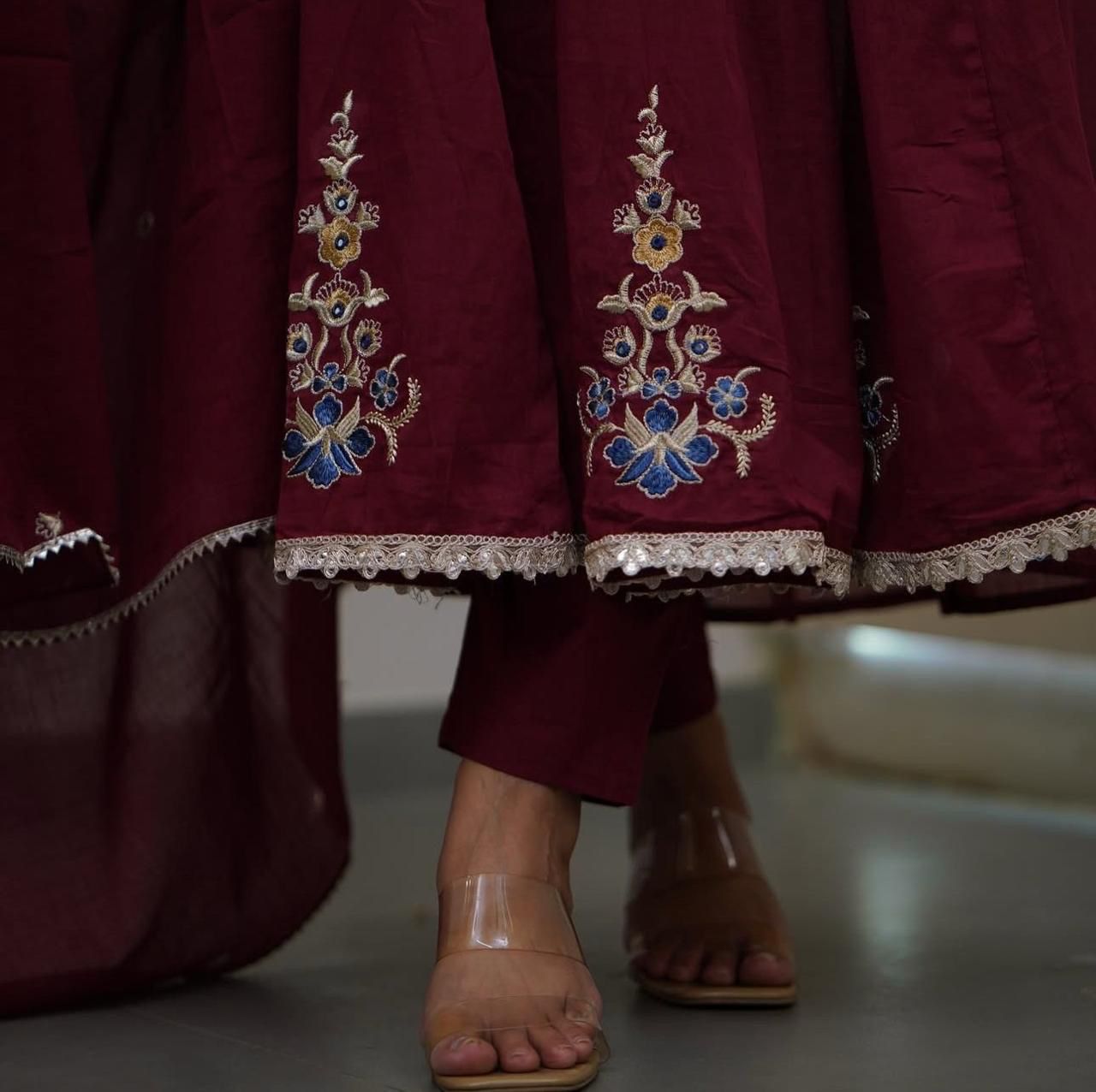 Embroidered Cotton Flaired Kurti with Pant & Dupatta