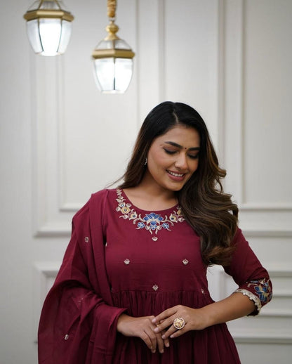 Embroidered Cotton Flaired Kurti with Pant & Dupatta