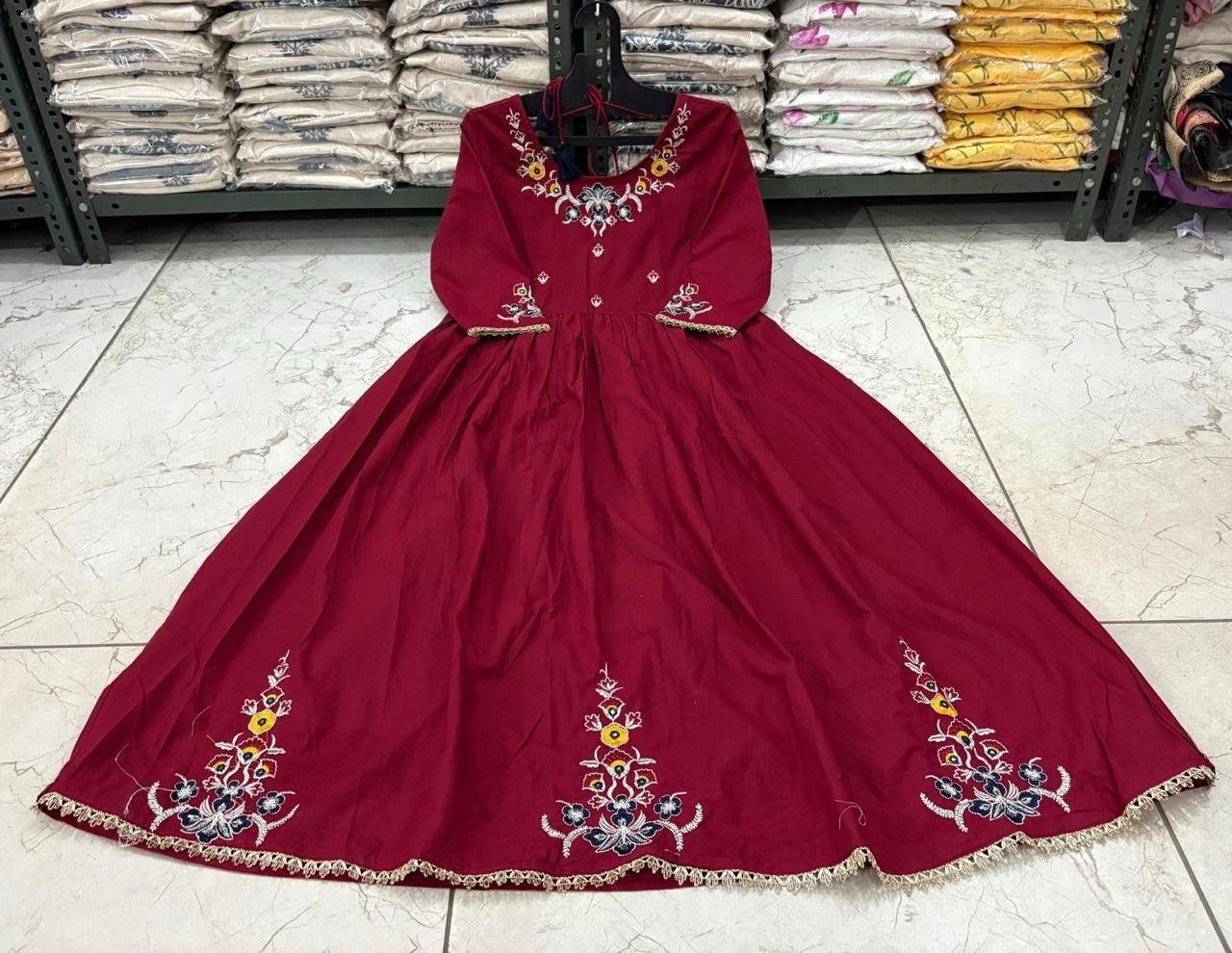 Embroidered Cotton Flaired Kurti with Pant & Dupatta