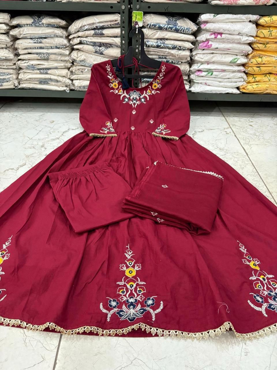 Embroidered Cotton Flaired Kurti with Pant & Dupatta