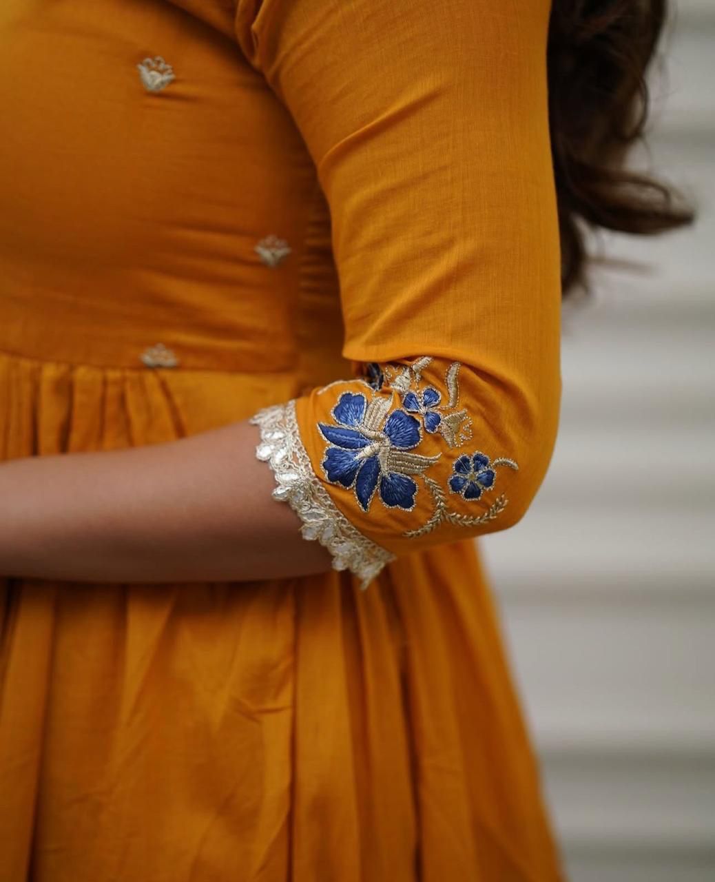 Embroidered Cotton Flaired Kurti with Pant & Dupatta