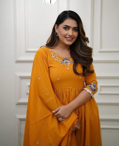 Embroidered Cotton Flaired Kurti with Pant & Dupatta