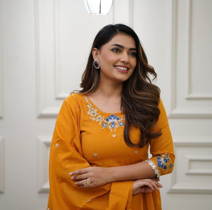 Embroidered Cotton Flaired Kurti with Pant & Dupatta