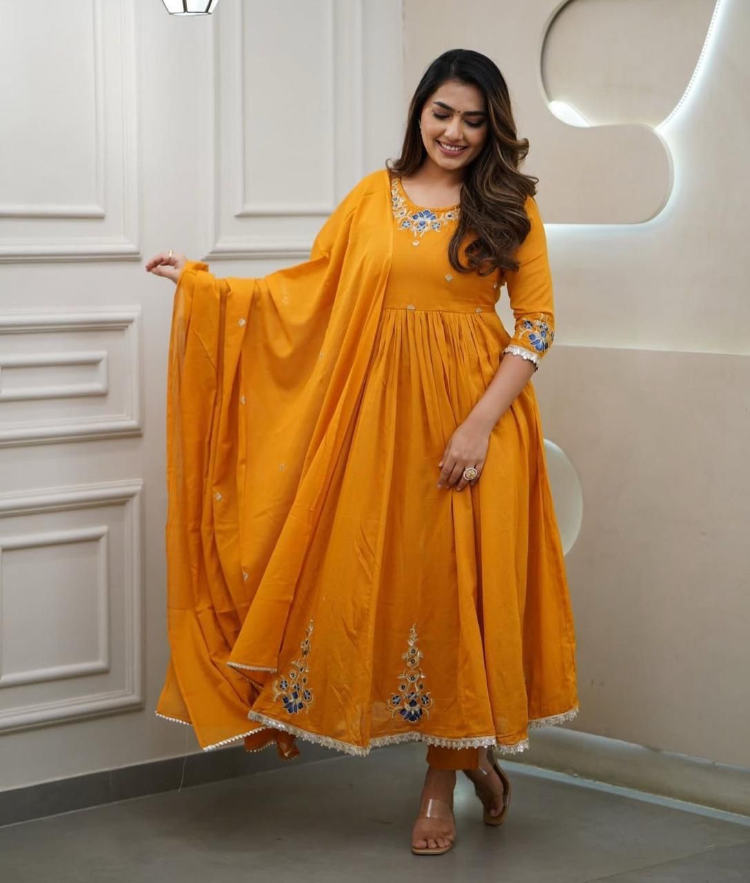 Embroidered Cotton Flaired Kurti with Pant & Dupatta