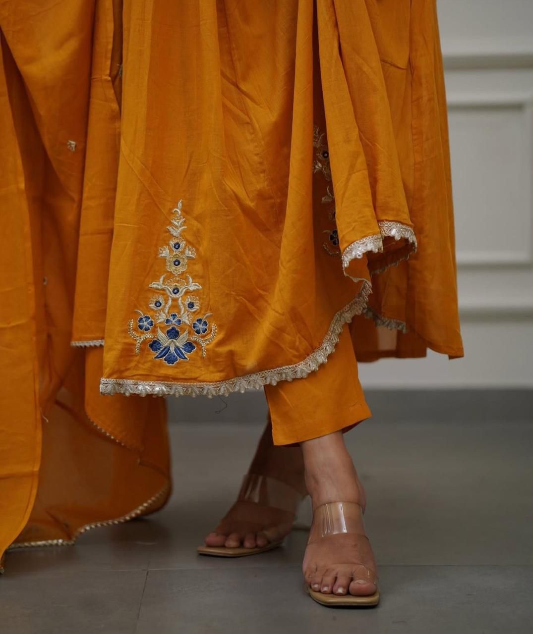 Embroidered Cotton Flaired Kurti with Pant & Dupatta