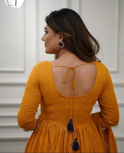 Embroidered Cotton Flaired Kurti with Pant & Dupatta