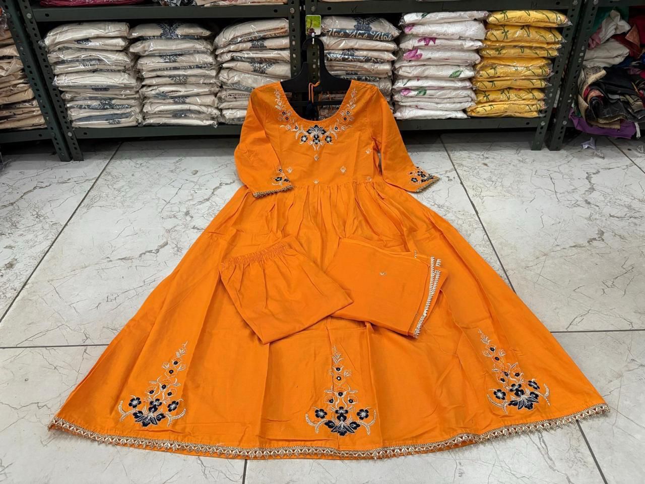 Embroidered Cotton Flaired Kurti with Pant & Dupatta