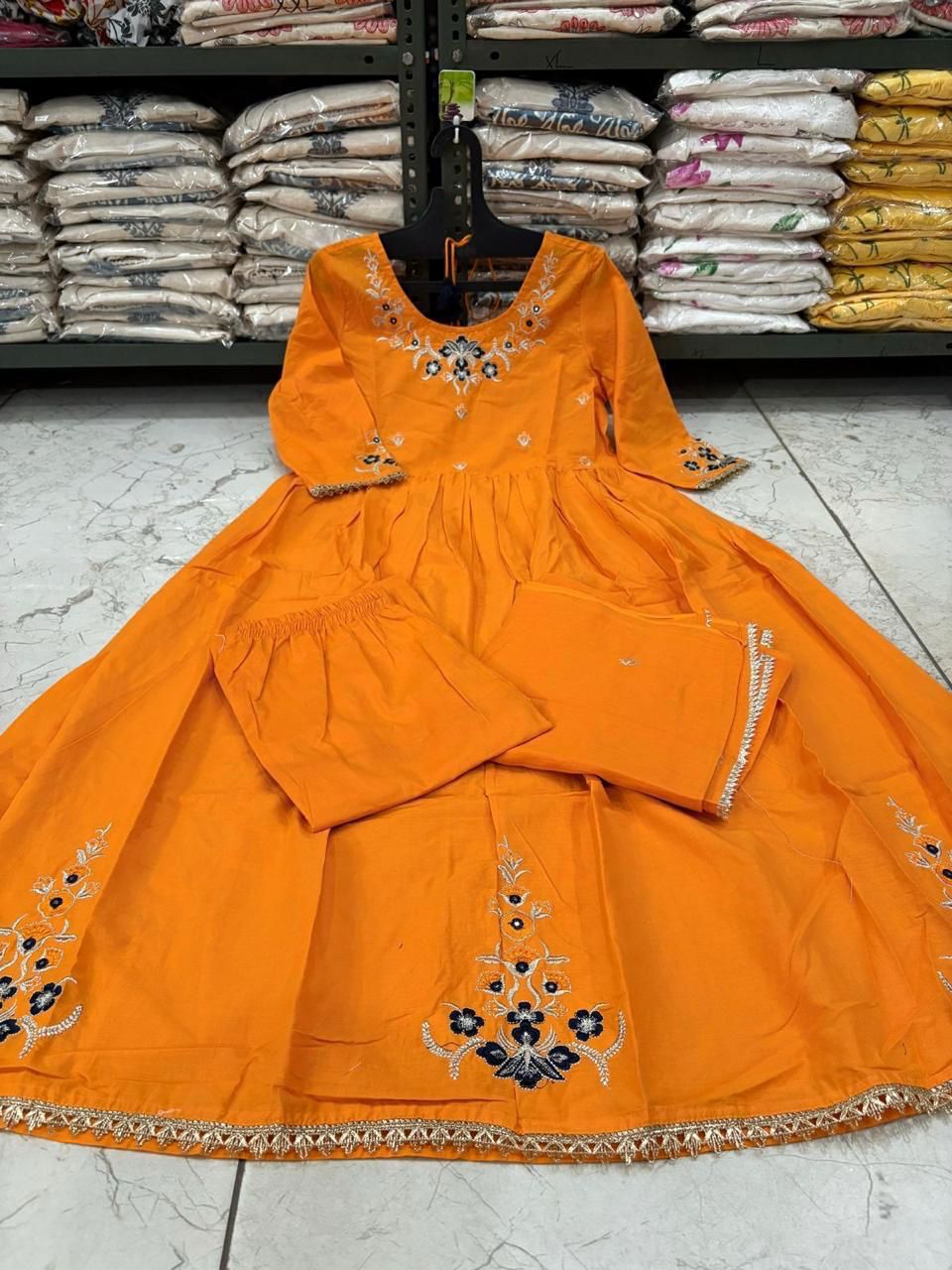 Embroidered Cotton Flaired Kurti with Pant & Dupatta