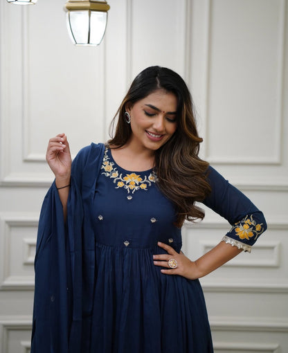 Embroidered Cotton Flaired Kurti with Pant & Dupatta