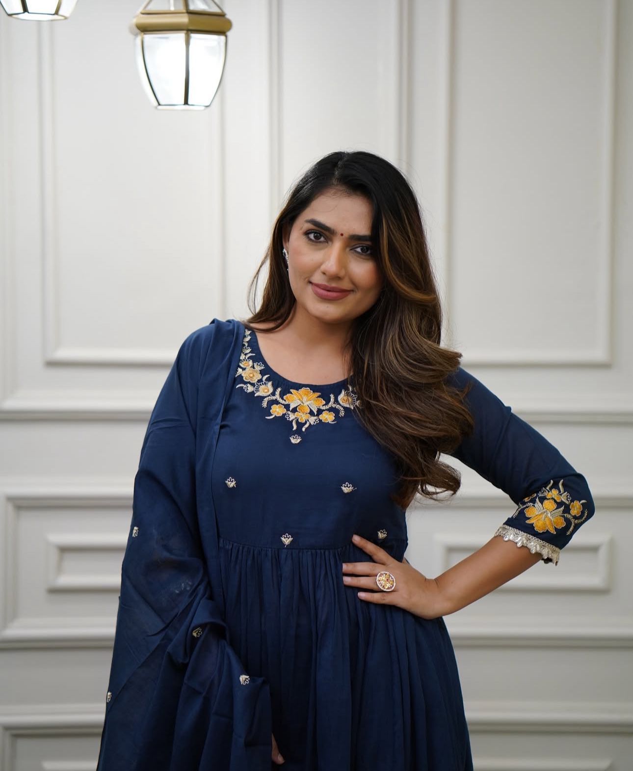 Embroidered Cotton Flaired Kurti with Pant & Dupatta