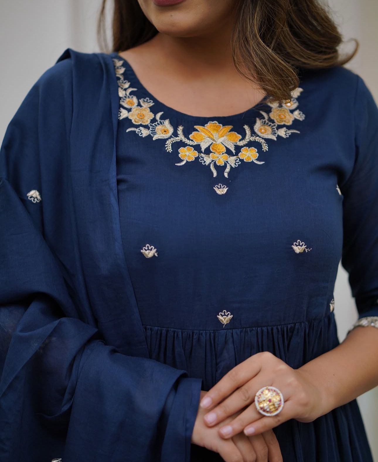 Embroidered Cotton Flaired Kurti with Pant & Dupatta