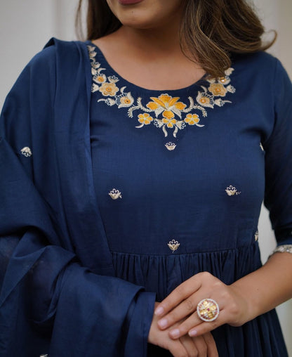 Embroidered Cotton Flaired Kurti with Pant & Dupatta