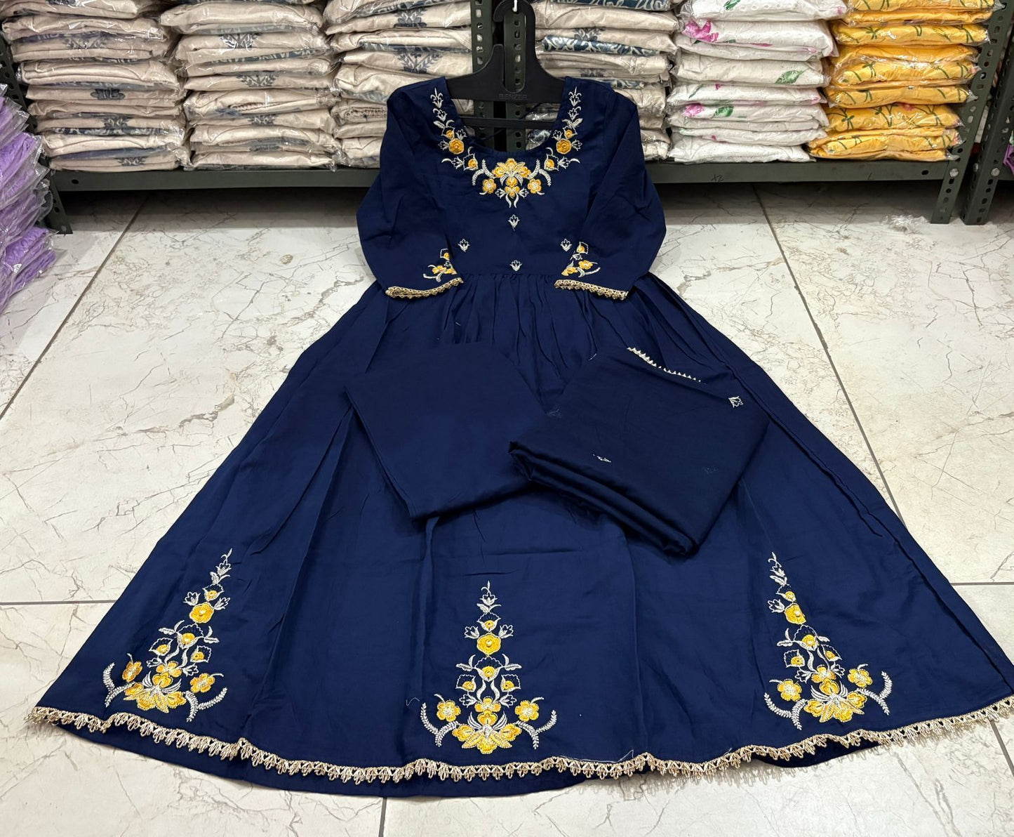 Embroidered Cotton Flaired Kurti with Pant & Dupatta