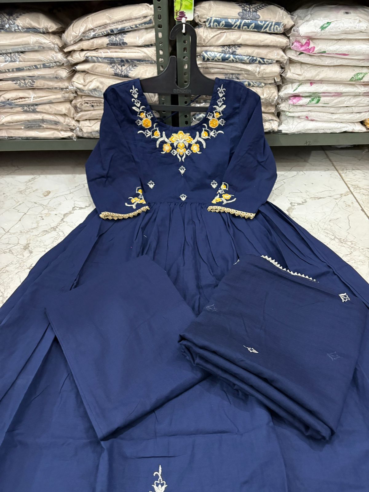 Embroidered Cotton Flaired Kurti with Pant & Dupatta