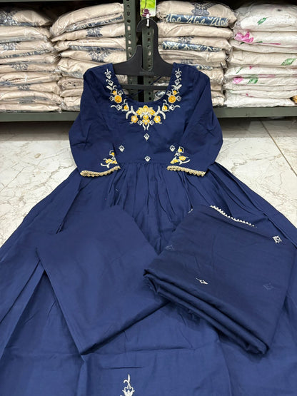 Embroidered Cotton Flaired Kurti with Pant & Dupatta