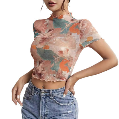 Elegant Mesh Floral Print Top Women's Clothing