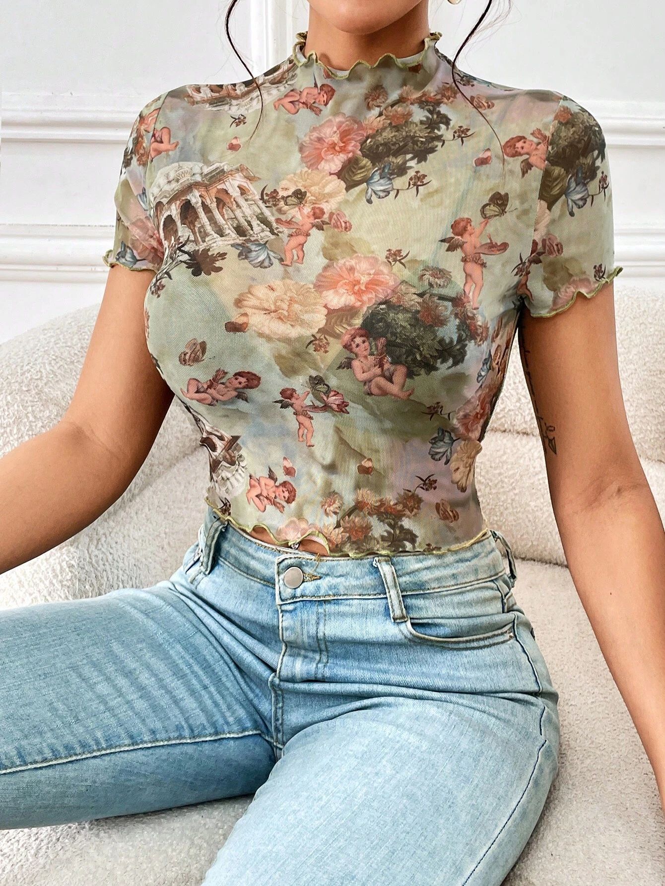 Elegant Mesh Floral Print Top Women's Clothing