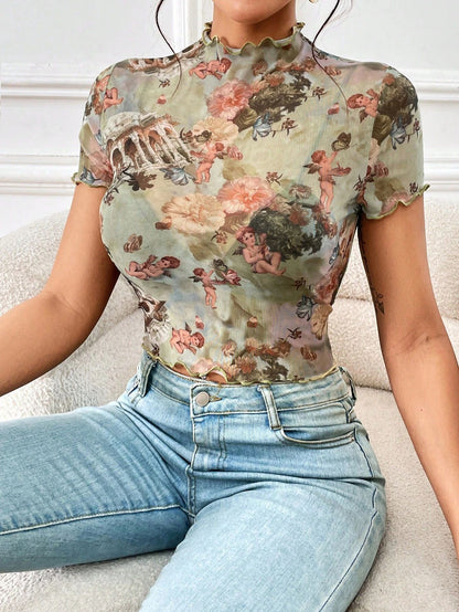 Elegant Mesh Floral Print Top Women's Clothing