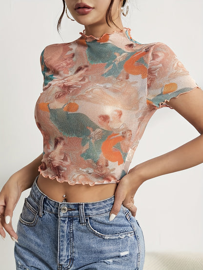 Elegant Mesh Floral Print Top Women's Clothing