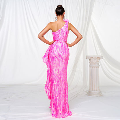 One-shoulder Diagonal Collar Sequined Slit Evening Dress