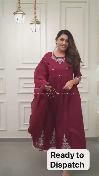 Embroidered Cotton Flaired Kurti with Pant & Dupatta